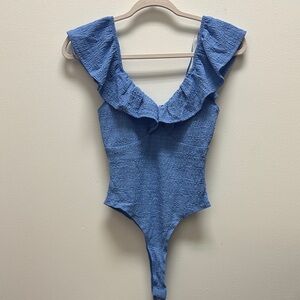 Francesca's Collections Blue Ruffled Bodysuit